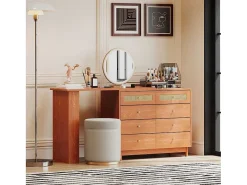Uitschuifbare Kaptafel - 8 Laden En 1 Spiegel Met Led - Retrostijl - Bruin (Kruk Niet Inbegrepen)-ModernLuxe Hot