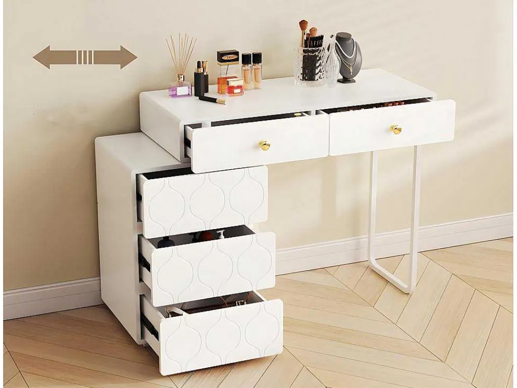 Uitschuifbare Kaptafel Met Golvenpatroon - Met 5 Laden - Gelakte Fronten - Wit (Zonder Spiegel Of Kruk)-ModernLuxe Discount
