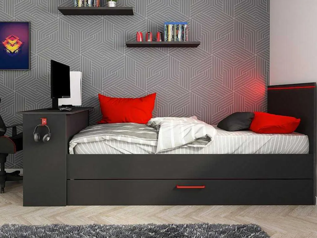 Uitschuifbed 90 X 200 En 90 X 190 Cm - Met Bureau - Ledverlichting - Antraciet En Rood + Matras + Bedbodem - Vouani-Vente-unique Sale