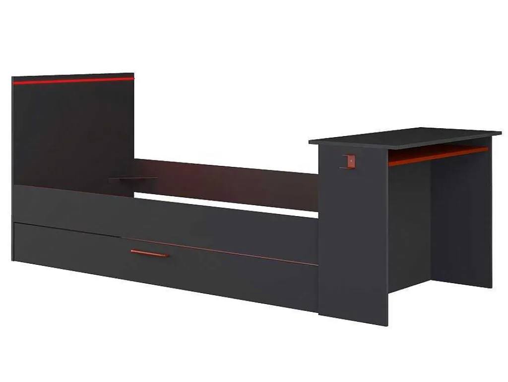 Uitschuifbed 90 X 200 En 90 X 190 Cm - Met Bureau - Ledverlichting - Antraciet En Rood + Matras + Bedbodem - Vouani-Vente-unique Sale