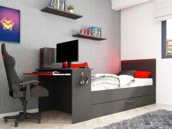 Uitschuifbed 90 X 200 En 90 X 190 Cm - Met Bureau - Ledverlichting - Antraciet En Rood + Matras + Bedbodem - Vouani-Vente-unique Sale