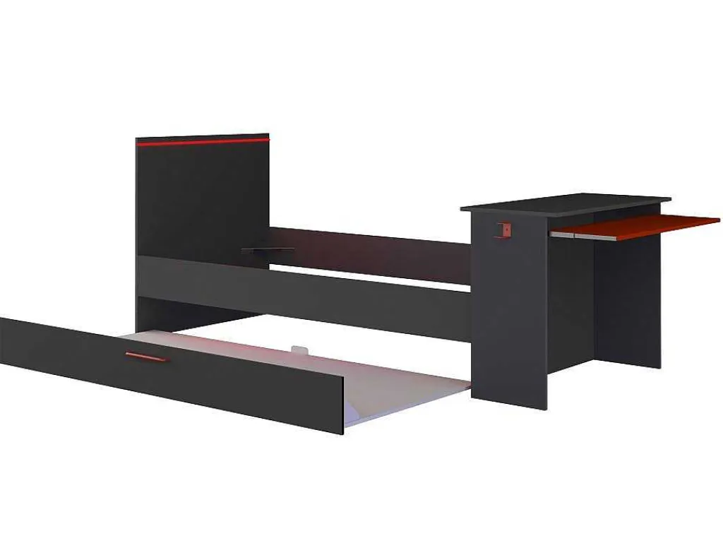 Uitschuifbed 90 X 200 En 90 X 190 Cm - Met Bureau - Ledverlichting - Antraciet En Rood + Matras + Bedbodem - Vouani-Vente-unique Sale