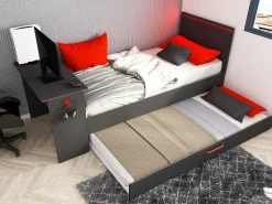 Uitschuifbed 2 X 90 X 200 Cm - Met Bureau - Ledverlichting - Antraciet En Rood - Vouani-Vente-unique Best