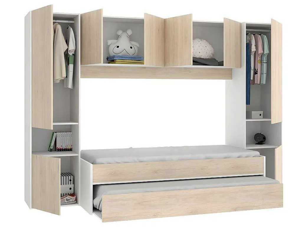 Uitschuifbed Met Ingebouwde Kasten Selena - 90 X 190Cm - Eiken & Wit + Matras-Vente-unique