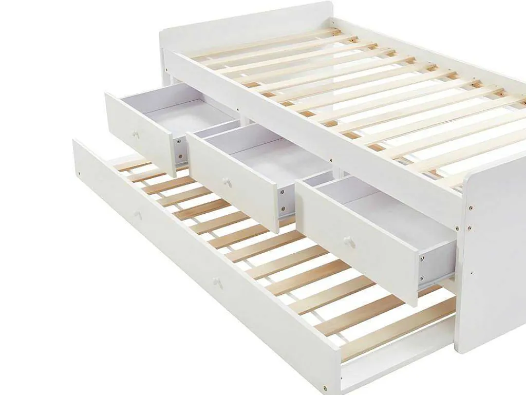 Uitschuifbed Titouan Met 3 Lades - Mdf En Dennenhout - Wit + Matras-Vente-unique Discount