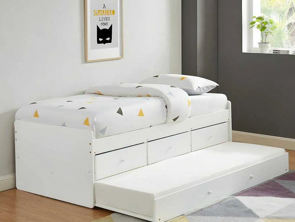 Uitschuifbed Titouan Met 3 Lades - Mdf En Dennenhout - Wit + Matras-Vente-unique Discount