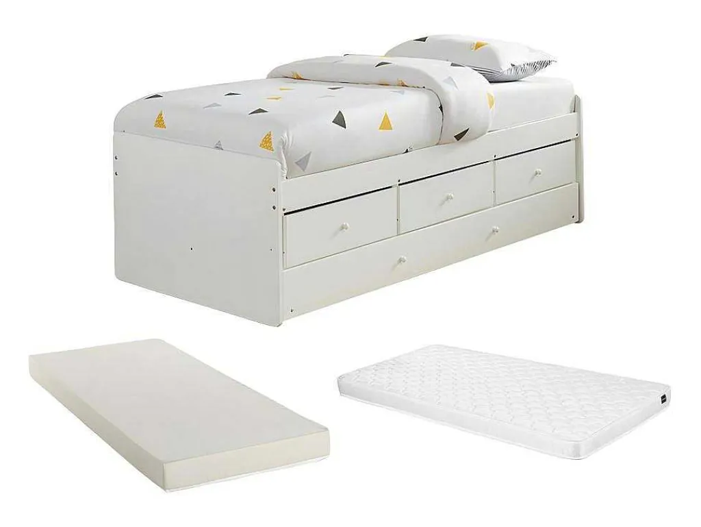 Uitschuifbed Titouan Met 3 Lades - Mdf En Dennenhout - Wit + Matras-Vente-unique Discount
