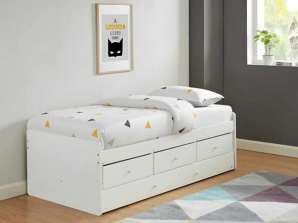 Uitschuifbed Titouan Met 3 Lades - Mdf En Dennenhout - Wit + Matras-Vente-unique Discount