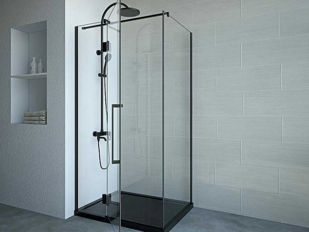 Vast Douchescherm Met Matzwarte Taatsdeur In Industriele Stijl - 80 X 100 X 190 Cm - Princeton-Shower & Design New