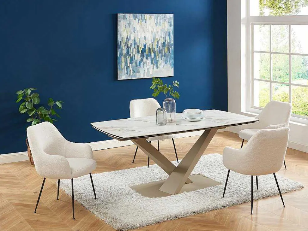 Verlengbare Eettafel 6 Tot 10 Plaatsen Van Keramiek En Metaal - Wit En Beige Marmereffect - Malata - Van-PASCAL MORABITO New