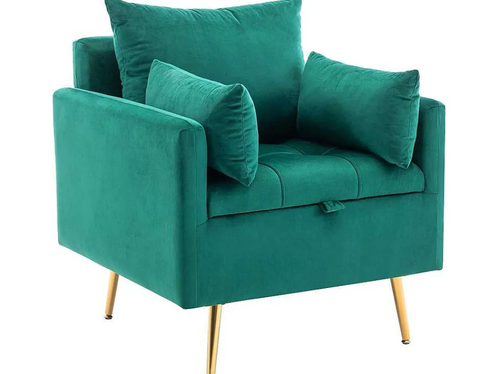 Vipi Fauteuil In Fluwelen Stof Met Opbergruimte En Kussen - Poten Van Goudkleurig Metaal - Groen-ModernLuxe Best