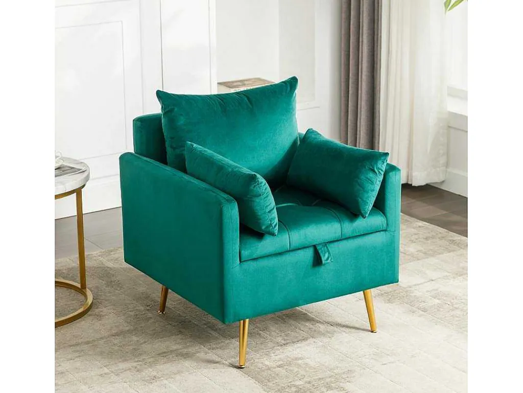 Vipi Fauteuil In Fluwelen Stof Met Opbergruimte En Kussen - Poten Van Goudkleurig Metaal - Groen-ModernLuxe Best