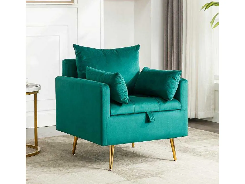 Vipi Fauteuil In Fluwelen Stof Met Opbergruimte En Kussen - Poten Van Goudkleurig Metaal - Groen-ModernLuxe Best