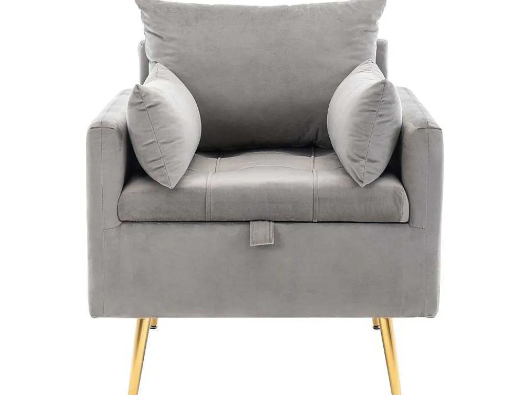 Vipi Fauteuil In Fluwelen Stof Met Opbergruimte En Kussen - Poten Van Goudkleurig Metaal - Grijs-ModernLuxe Sale