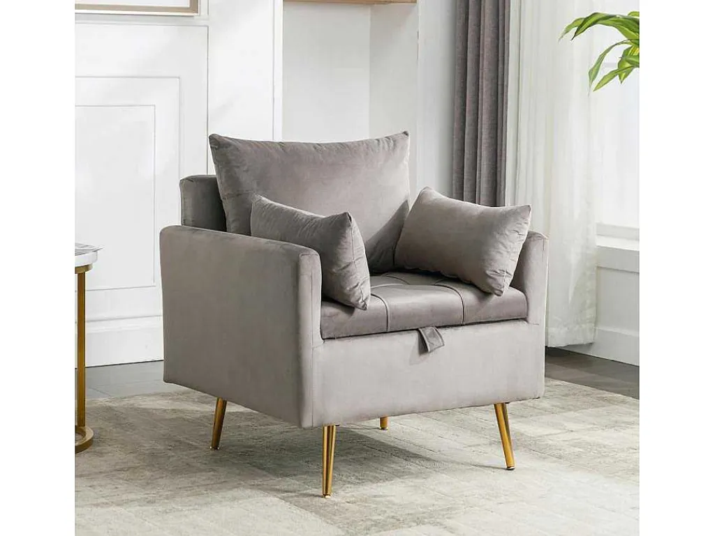 Vipi Fauteuil In Fluwelen Stof Met Opbergruimte En Kussen - Poten Van Goudkleurig Metaal - Grijs-ModernLuxe Sale