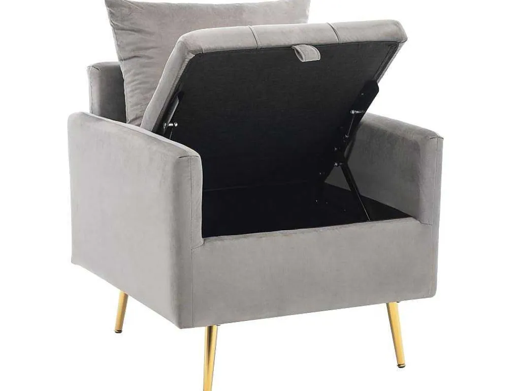 Vipi Fauteuil In Fluwelen Stof Met Opbergruimte En Kussen - Poten Van Goudkleurig Metaal - Grijs-ModernLuxe Sale