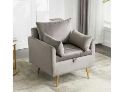 Vipi Fauteuil In Fluwelen Stof Met Opbergruimte En Kussen - Poten Van Goudkleurig Metaal - Grijs-ModernLuxe Sale