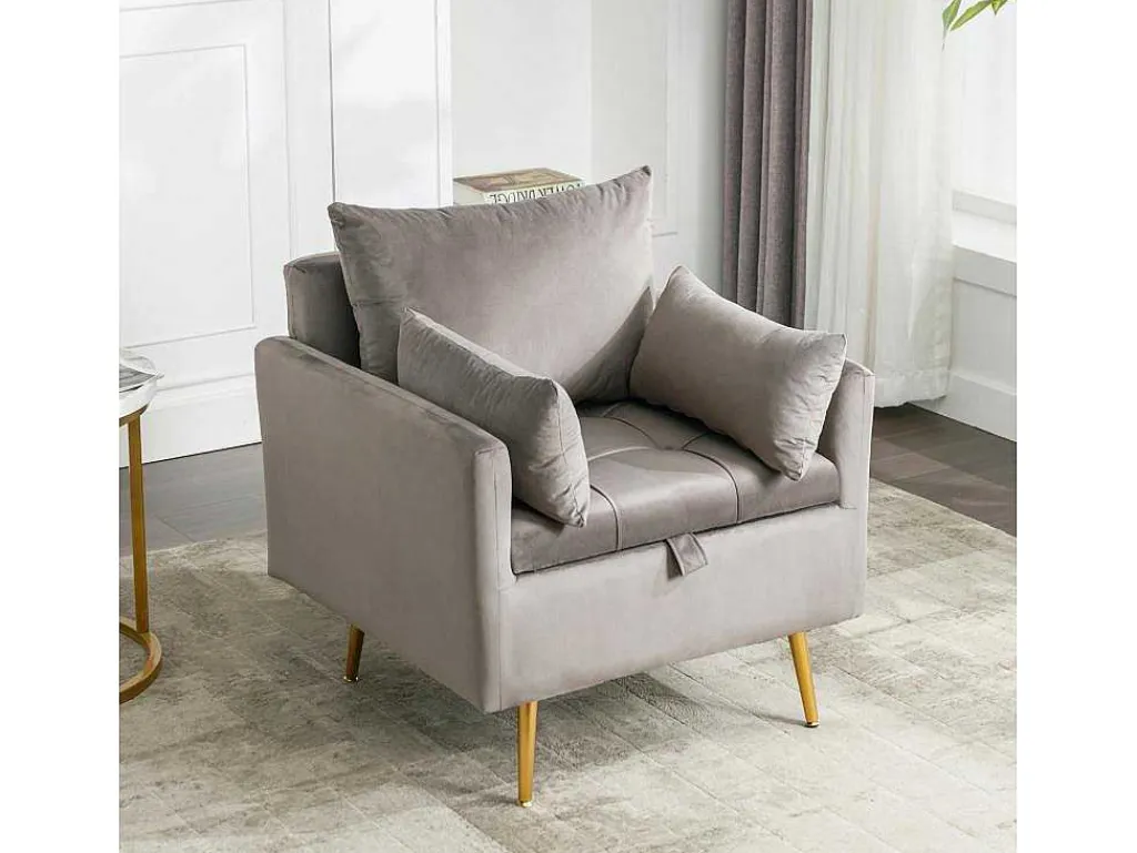 Vipi Fauteuil In Fluwelen Stof Met Opbergruimte En Kussen - Poten Van Goudkleurig Metaal - Grijs-ModernLuxe Sale