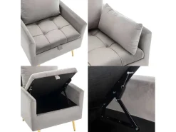 Vipi Fauteuil In Fluwelen Stof Met Opbergruimte En Kussen - Poten Van Goudkleurig Metaal - Grijs-ModernLuxe Sale