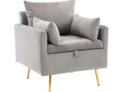 Vipi Fauteuil In Fluwelen Stof Met Opbergruimte En Kussen - Poten Van Goudkleurig Metaal - Grijs-ModernLuxe Sale