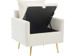 Vipi Fauteuil In Fluwelen Stof Met Opbergruimte En Kussen - Poten Van Goudkleurig Metaal - Wit-ModernLuxe