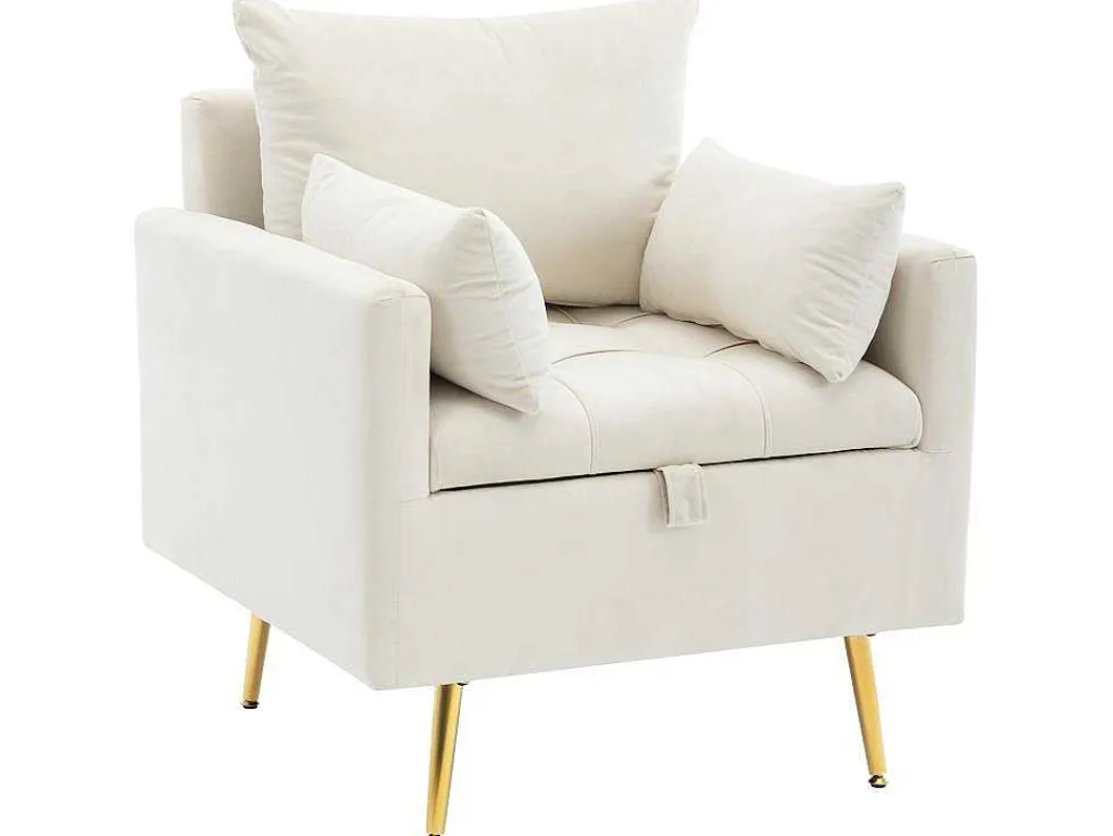 Vipi Fauteuil In Fluwelen Stof Met Opbergruimte En Kussen - Poten Van Goudkleurig Metaal - Wit-ModernLuxe