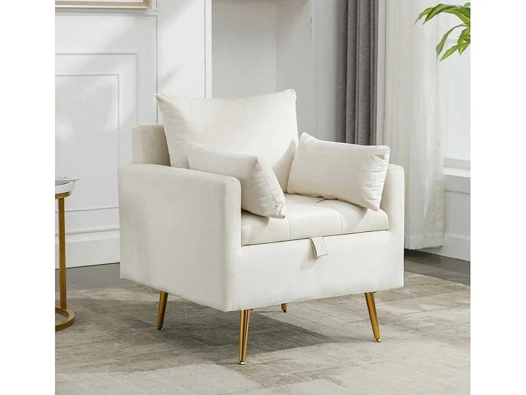 Vipi Fauteuil In Fluwelen Stof Met Opbergruimte En Kussen - Poten Van Goudkleurig Metaal - Wit-ModernLuxe