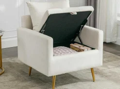 Vipi Fauteuil In Fluwelen Stof Met Opbergruimte En Kussen - Poten Van Goudkleurig Metaal - Wit-ModernLuxe