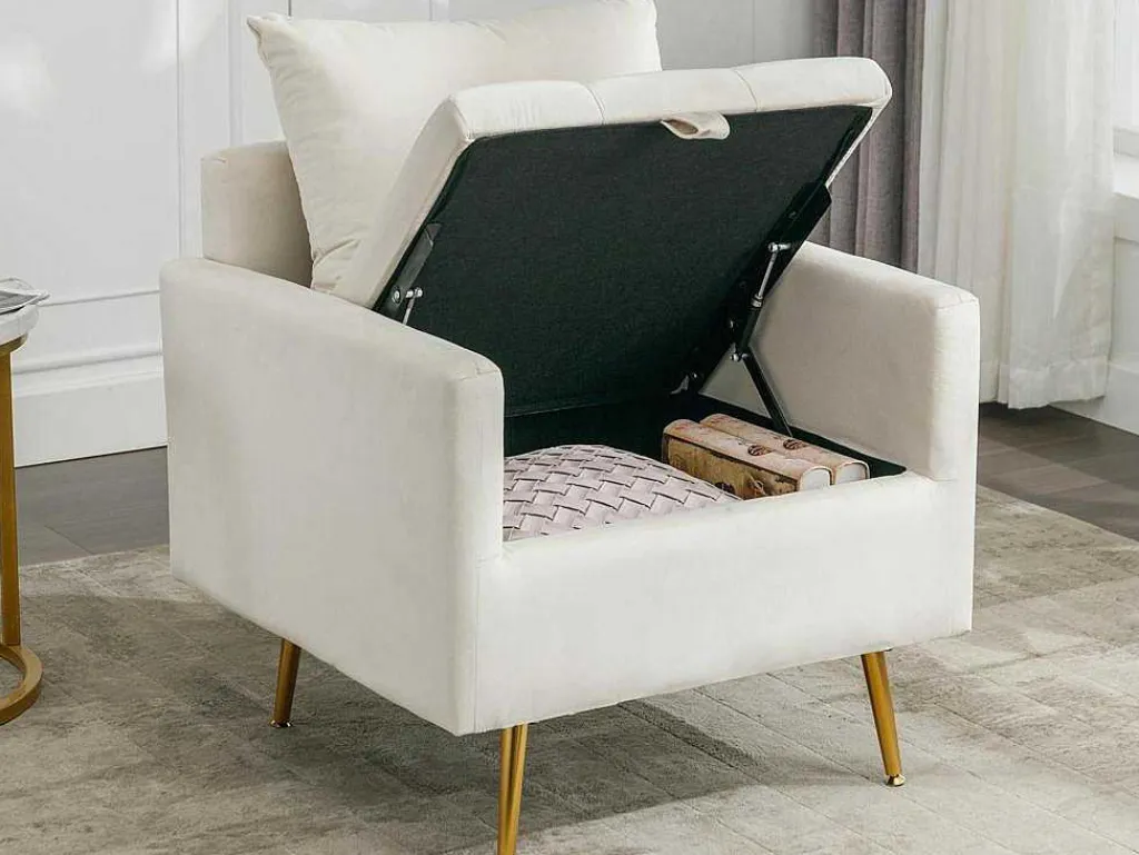 Vipi Fauteuil In Fluwelen Stof Met Opbergruimte En Kussen - Poten Van Goudkleurig Metaal - Wit-ModernLuxe
