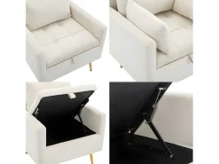 Vipi Fauteuil In Fluwelen Stof Met Opbergruimte En Kussen - Poten Van Goudkleurig Metaal - Wit-ModernLuxe