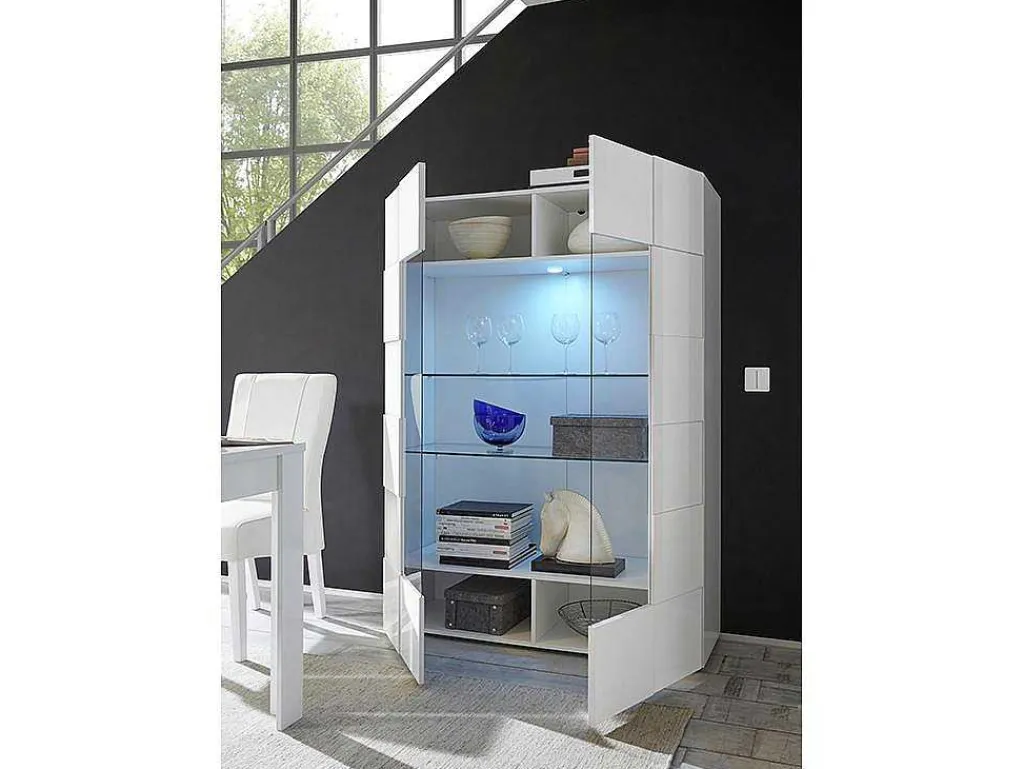Vitrinekast Calisto - Met Led-Verlichting - Twee Deuren Van Glas - Wit Gelakt-Vente-unique Discount
