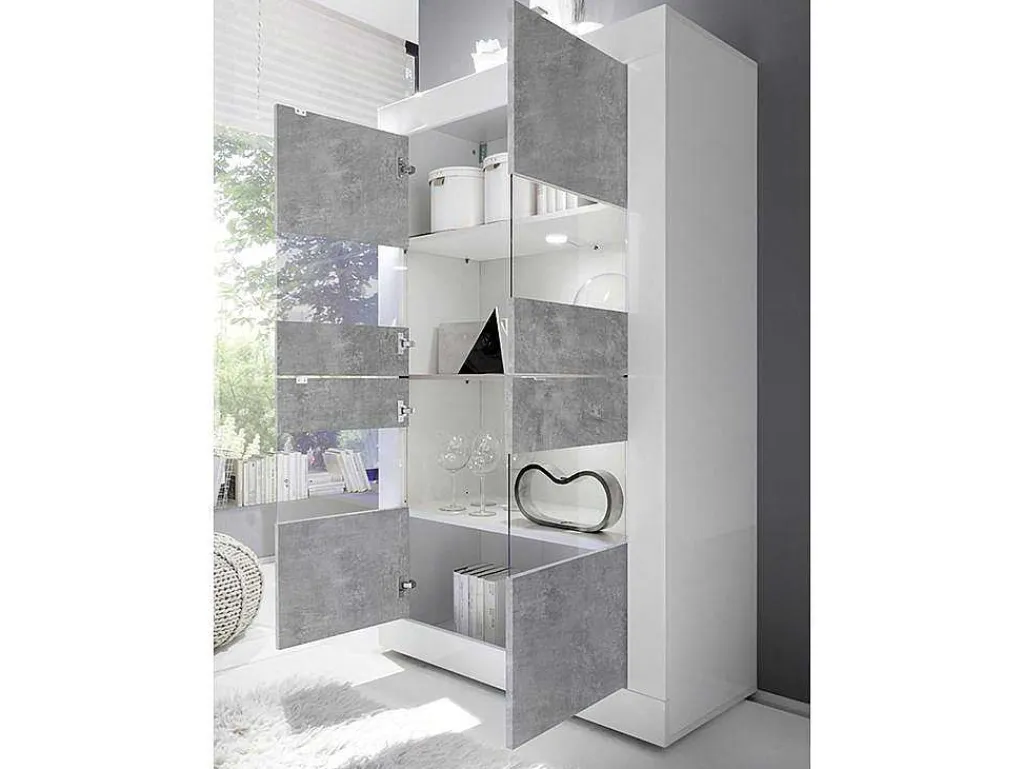 Vitrinekast Comete - Met Ledverlichting - Vier Deuren - Wit Gelakt En Beton-Vente-unique Clearance