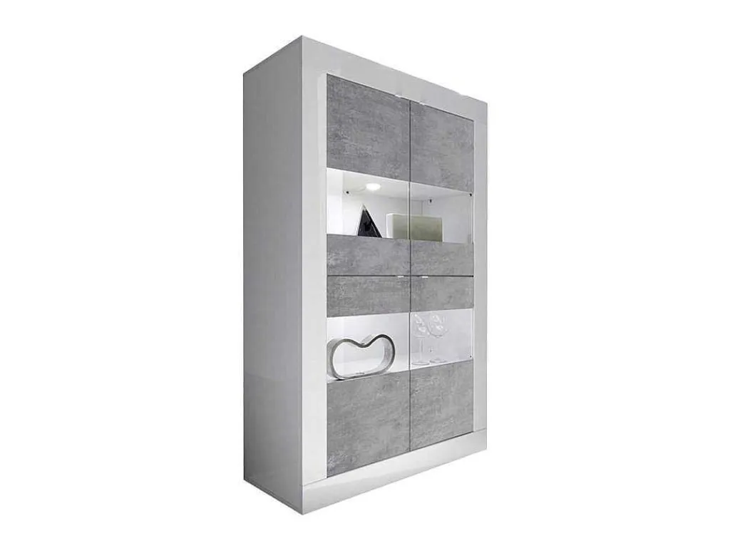 Vitrinekast Comete - Met Ledverlichting - Vier Deuren - Wit Gelakt En Beton-Vente-unique Clearance
