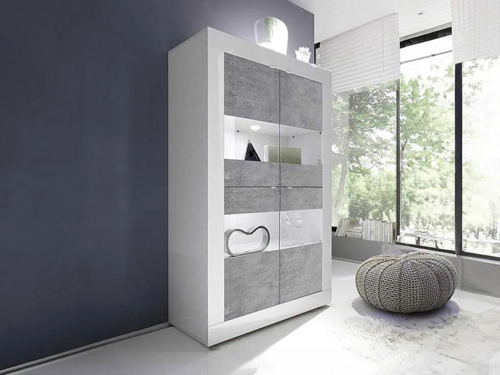 Vitrinekast Comete - Met Ledverlichting - Vier Deuren - Wit Gelakt En Beton-Vente-unique Clearance