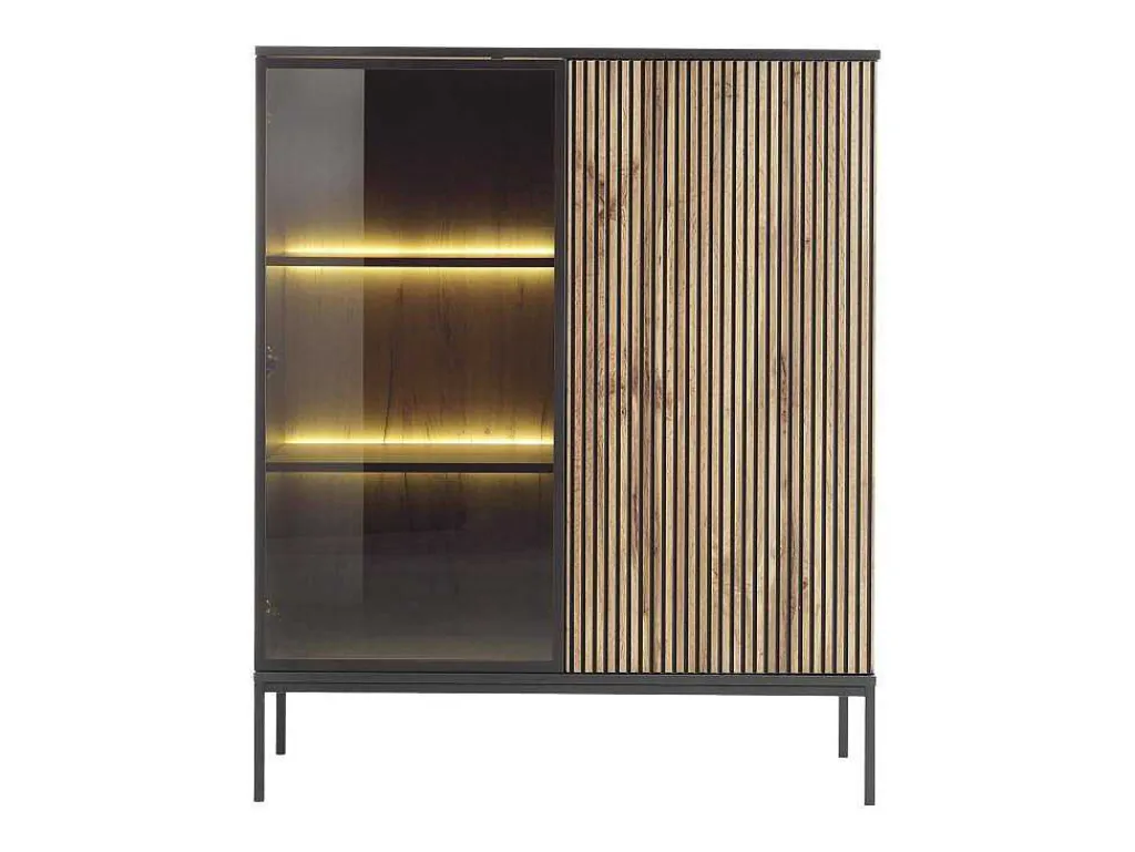 Vitrinekast Met 2 Deurtjes Met Ledverlichting Van Mdf En Gerookt Glas - Zwart En Naturel - Ovila-Vente-unique Online