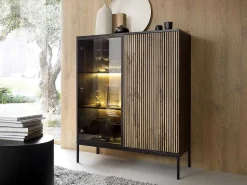 Vitrinekast Met 2 Deurtjes Met Ledverlichting Van Mdf En Gerookt Glas - Zwart En Naturel - Ovila-Vente-unique Online