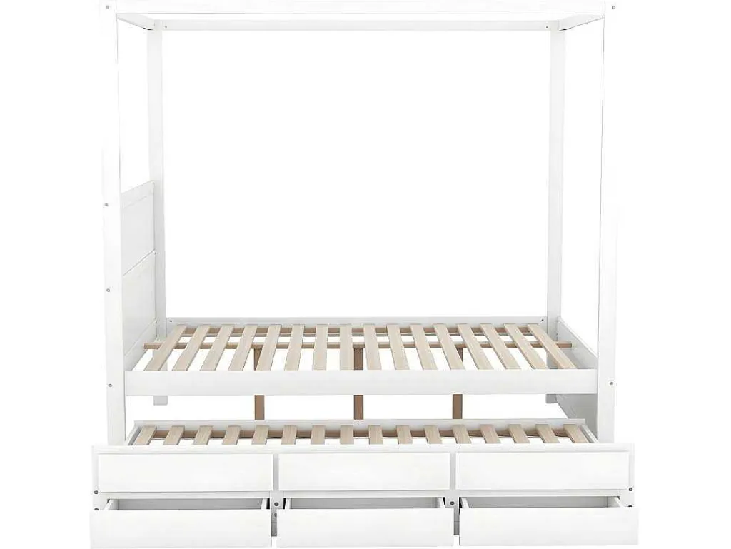 Volwassen Bed 140X200Cm - Hemelbed Met Onderschuifbed En 3 Lades - Wit-ModernLuxe Best