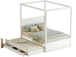Volwassen Bed 140X200Cm - Hemelbed Met Onderschuifbed En 3 Lades - Wit-ModernLuxe Best
