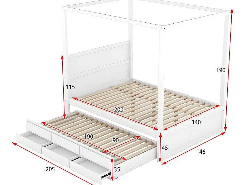 Volwassen Bed 140X200Cm - Hemelbed Met Onderschuifbed En 3 Lades - Wit-ModernLuxe Best