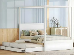Volwassen Bed 140X200Cm - Hemelbed Met Onderschuifbed En 3 Lades - Wit-ModernLuxe Best