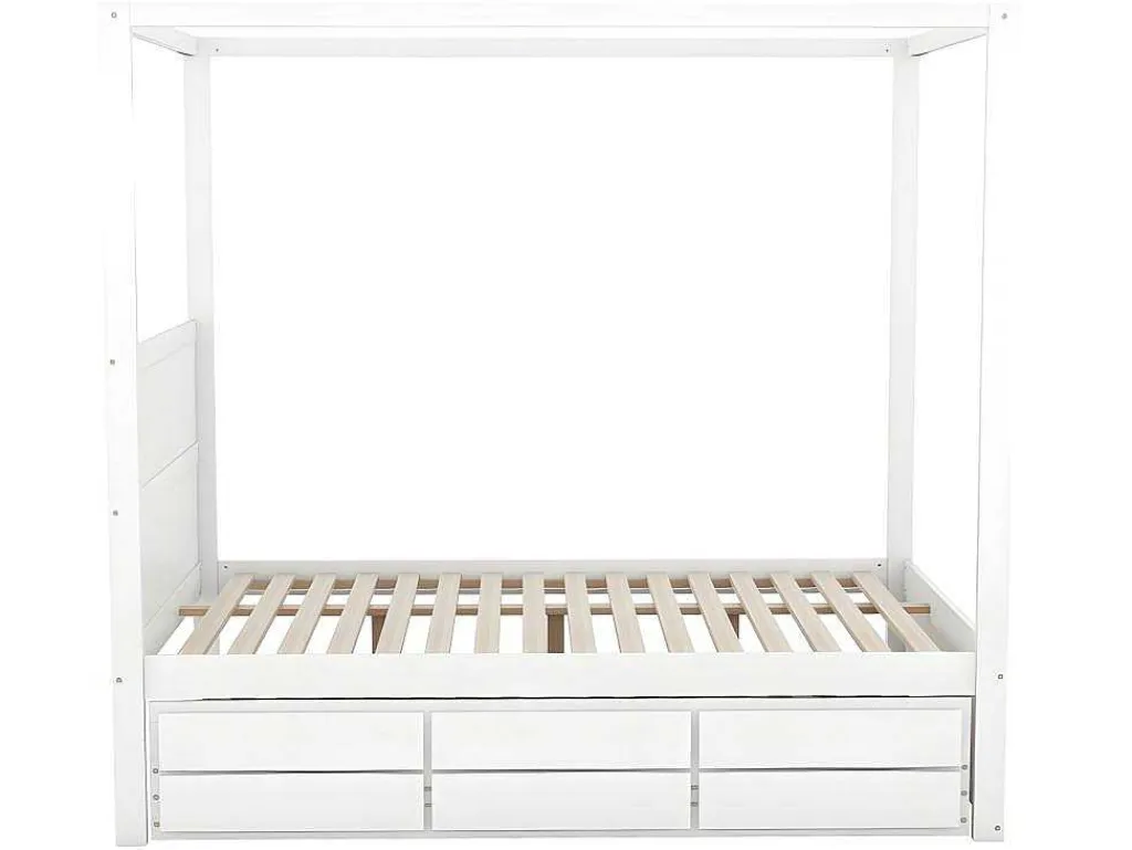 Volwassen Bed 140X200Cm - Hemelbed Met Onderschuifbed En 3 Lades - Wit-ModernLuxe Best