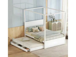 Volwassen Bed 140X200Cm - Hemelbed Met Onderschuifbed En 3 Lades - Wit-ModernLuxe Best