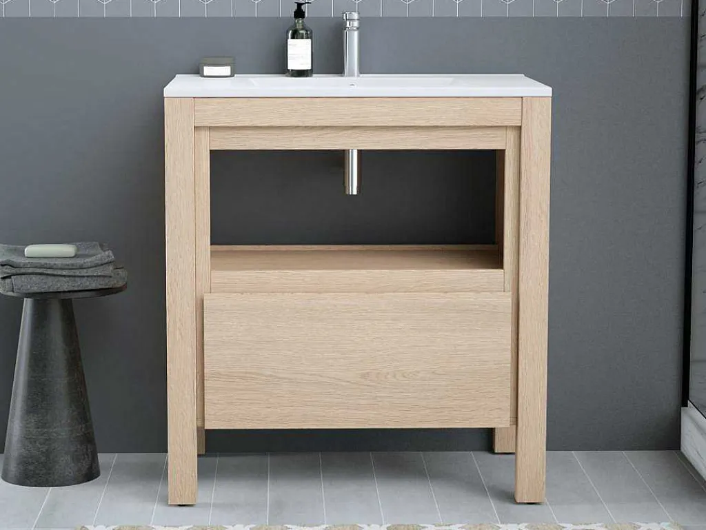 Wastafelmeubel Met Inbouwwastafel - Eikenfineer - 80 Cm - Cosmoti-Vente-unique New
