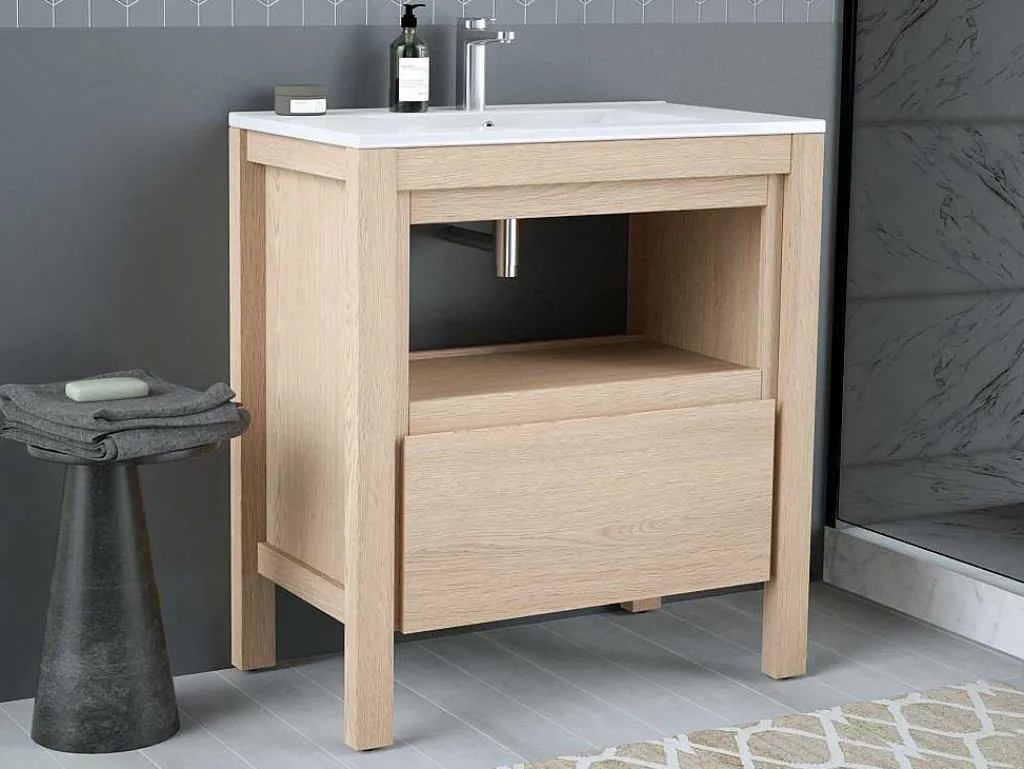 Wastafelmeubel Met Inbouwwastafel - Eikenfineer - 80 Cm - Cosmoti-Vente-unique New