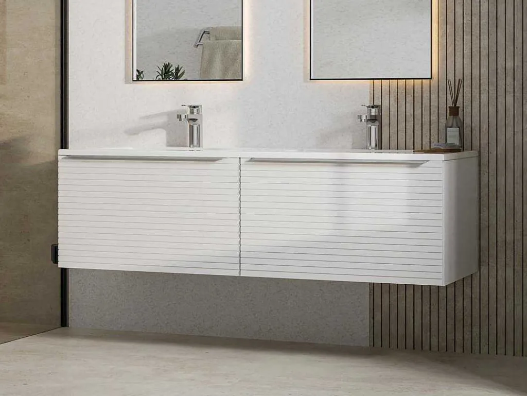 Wit Hangmeubel Voor Badkamer Met Groeven Met Dubbele Inbouwwastafel - 120 Cm - Latoma-Vente-unique