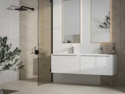 Wit Hangmeubel Voor Badkamer Met Groeven Met Dubbele Inbouwwastafel - 120 Cm - Latoma-Vente-unique