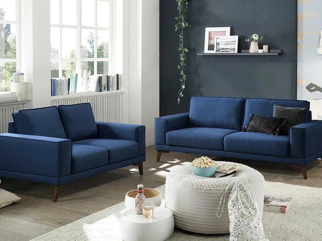 Zitbank 3 Plaatsen In Donkerblauwe Stof Met Houten Poten Mossea-Vente-unique Discount