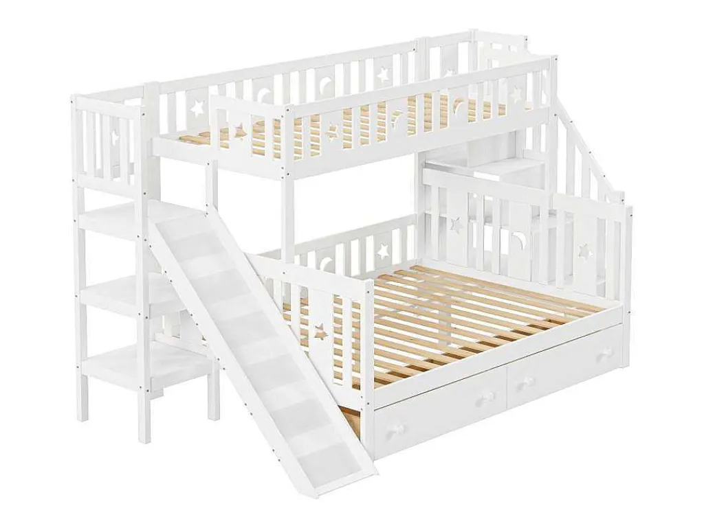 2-Zits Stapelbed Met Glijbaan En Planken - 90 X 200 Cm + 140 X 200 Cm - Wit - Anthony-Vente-unique
