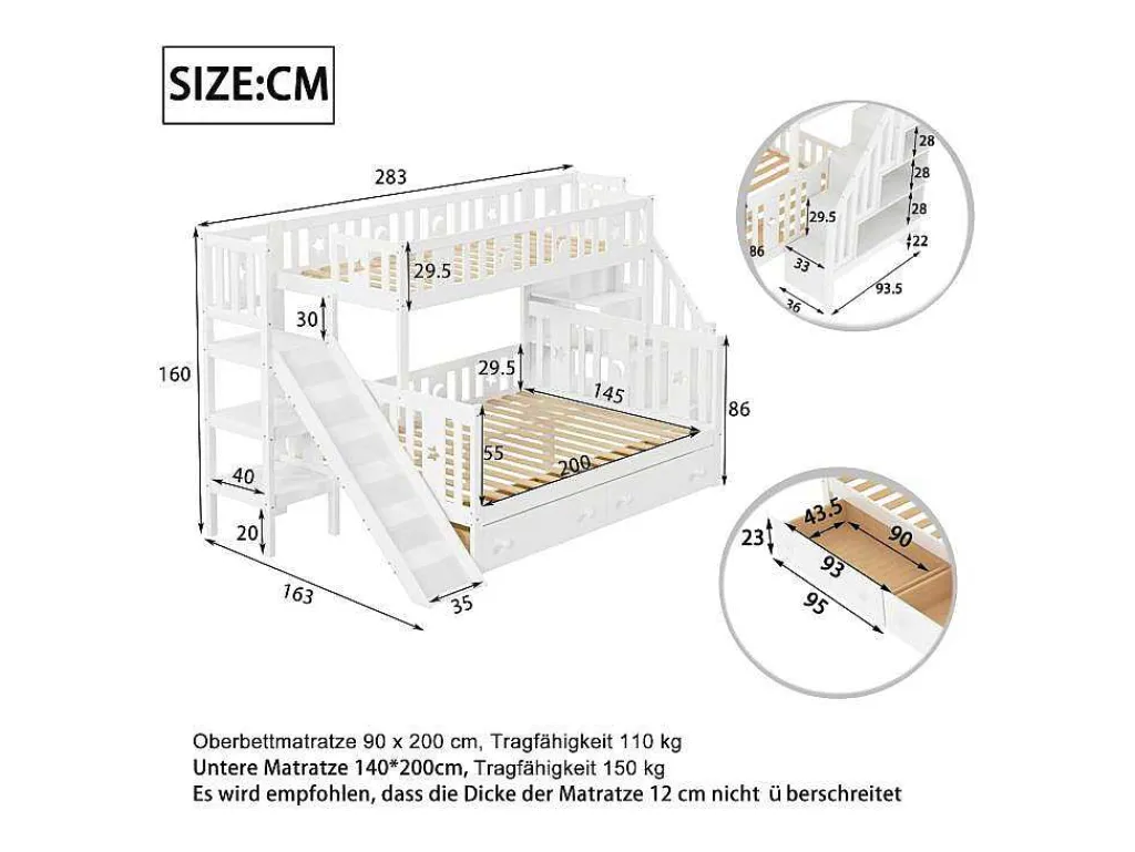 2-Zits Stapelbed Met Glijbaan En Planken - 90 X 200 Cm + 140 X 200 Cm - Wit - Anthony-Vente-unique