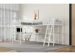 2-Zits Tussenbed - 2 X 90 X 200 Cm - Met Hoekbureau En Ladders - Metaal - Wit-Vente-unique Hot